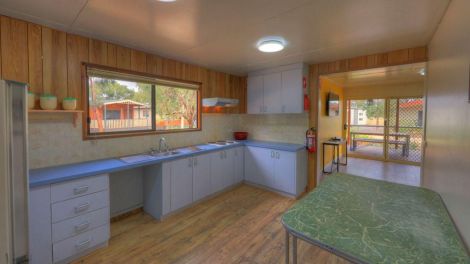Interior of the new fully equipped modern camp kitchen at Yarrawonga Riverlands Tourist Park